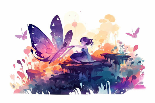 Playful violet fairy riding a butterfly, vibrant garden scene, joyful mood, warm afternoon glow - Generative Ai