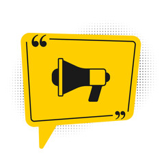 Black Megaphone icon isolated on white background. Speaker sign. Yellow speech bubble symbol. Vector