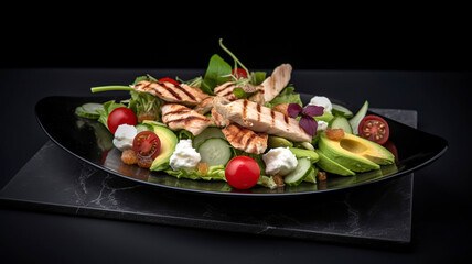 healthy, delicious-looking salad made with fresh ingredients such as lettuce, cherry tomatoes, cucumber, avocado, grilled chicken, and a sprinkling of feta cheese