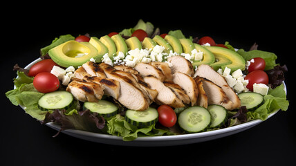 healthy, delicious-looking salad made with fresh ingredients such as lettuce, cherry tomatoes, cucumber, avocado, grilled chicken, and a sprinkling of feta cheese