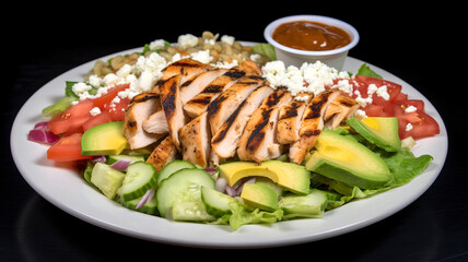 healthy, delicious-looking salad made with fresh ingredients such as lettuce, cherry tomatoes, cucumber, avocado, grilled chicken, and a sprinkling of feta cheese
