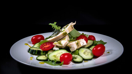 healthy, delicious-looking salad made with fresh ingredients such as lettuce, cherry tomatoes, cucumber, avocado, grilled chicken, and a sprinkling of feta cheese