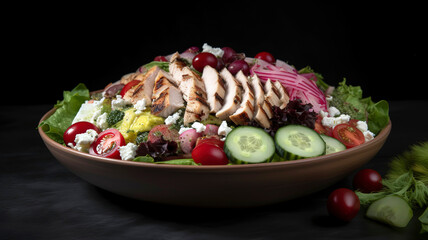 healthy, delicious-looking salad made with fresh ingredients such as lettuce, cherry tomatoes, cucumber, avocado, grilled chicken, and a sprinkling of feta cheese