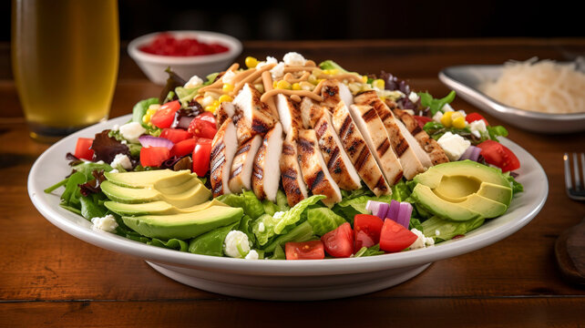 healthy, delicious-looking salad made with fresh ingredients such as lettuce, cherry tomatoes, cucumber, avocado, grilled chicken, and a sprinkling of feta cheese