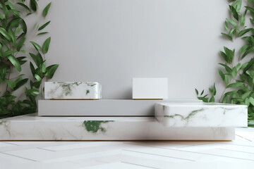 Product presentation with a white stone podium with green leaves