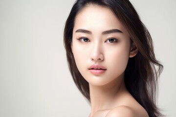 Obraz na płótnie Canvas Beautiful young Asian woman with clean fresh skin isolated on white background, Face care, Facial treatment, Cosmetology, beauty and spa, Asian women portrait generative ai