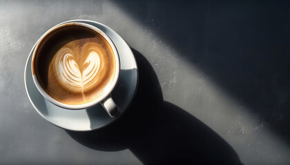 cup of coffee on grey background and sunlight