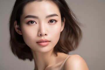 Fototapeta premium Beautiful young Asian woman with clean fresh skin isolated on white background, Face care, Facial treatment, Cosmetology, beauty and spa, Asian women portrait generative ai