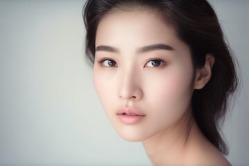 Fototapeta premium Beautiful young Asian woman with clean fresh skin isolated on white background, Face care, Facial treatment, Cosmetology, beauty and spa, Asian women portrait generative ai