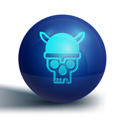 Fototapeta premium Blue Skull with viking helmet icon isolated on white background. Happy Halloween party. Blue circle button. Vector