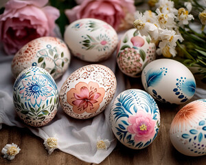 Fototapeta premium variety of hand-painted Easter eggs with intricate designs and patterns. Timeless Easter Egg Art Intricate Hand-Painted Designs