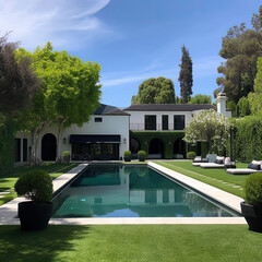 Luxury house with green yard and swimming pool, generative ai