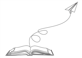 Continuous one line drawing of open book with flying paper plane. Vector illustration on white background.