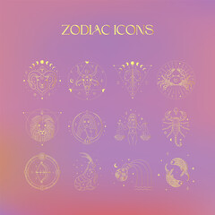 Zodiac Icons Golden Design Illustrations. Esoteric Vector Elements.