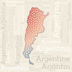 ARGENTINA map design. Country names in different languages and map shape with geometric low poly triangles. Stylish vector illustration of Argentina.