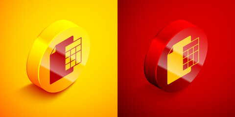 Naklejka premium Isometric Calculator icon isolated on orange and red background. Accounting symbol. Business calculations mathematics education and finance. Circle button. Vector