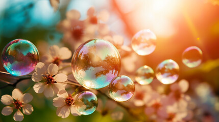 Beautiful colorful spring flowers in the meadow with water drops. Beautiful spring background with blooming tree branches and soap bubbles. Created using Generative AI technology.