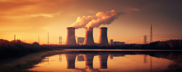 Background image of nuclear power station complex with cooling towers near reservoir and sunset sky. Generative AI