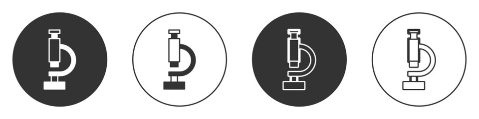 Black Microscope icon isolated on white background. Chemistry, pharmaceutical instrument, microbiology magnifying tool. Circle button. Vector
