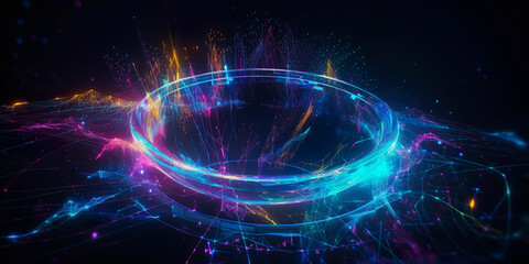 Obraz premium selective focus.hyperloop or warp technology concepts with flow of Digital stream in line multicolor neon.curve swirl shap pattern. digital field and cyberspace.generative ai images
