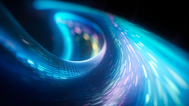 selective focus.hyperloop or warp technology concepts with flow of Digital stream in line multicolor neon.curve swirl shap pattern. digital field and cyberspace.generative ai images