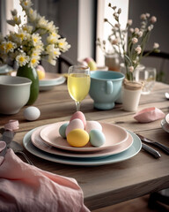 Fototapeta na wymiar beautifully decorated Easter table setting with pastel-colored plates, napkins, and eggs. A Cheerful Easter Table for a Heartwarming Gathering