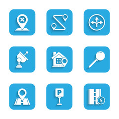 Set Location with house, Parking, Toll road traffic sign, Push pin, Radar, Road and icon. Vector