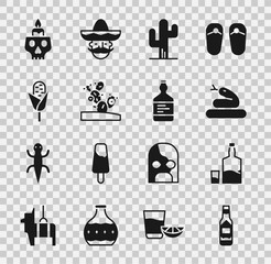 Set Tabasco sauce, Tequila bottle and glass, Snake, Cactus, Corn, Burning candle on skull and icon. Vector