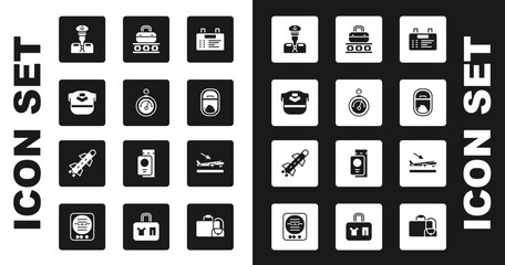 Set Airport board, Barometer, Pilot hat, Airplane window, Conveyor belt with suitcase, Plane landing and Rocket icon. Vector