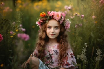 A portrait of a young girl with a pink and helical flower crown, sitting in a field of wildflowers in the summertime, Non-existent person in generative AI digital illustration, Generative AI
