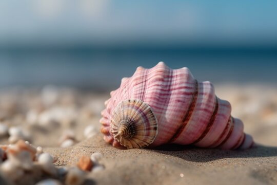 A close-up shot of a pink and helical seashell lying on the sandy beach with the blue sea in the background Generative AI