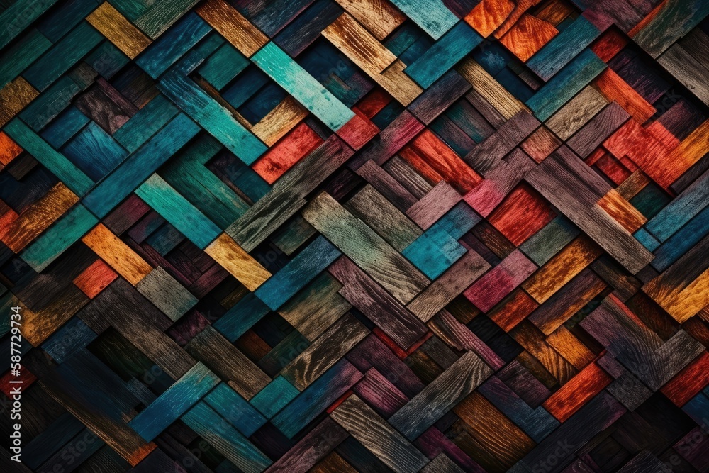 Poster Colorful Wooden Wall with Geometric Patterns and Textures. Generative AI