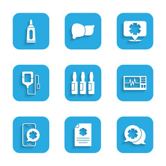 Set Medical vial, ampoule, Clinical record, Dialogue with the doctor, Monitor cardiogram, Emergency phone call, IV bag, symbol of and Ointment cream tube medicine icon. Vector