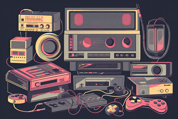 A big retro set of the 90s, 80s. Guy dancing and games, cassette, arkanoid