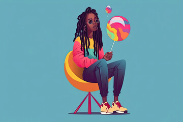 A dark-skinned girl with dreadlocks and trousers in the 90s or 2000s sat down. Young stylish woman holding a lollipop
