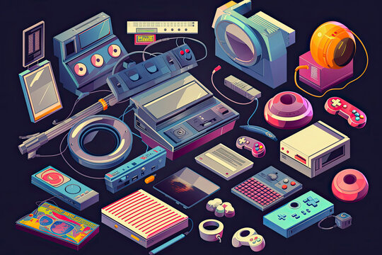 A big retro set of the 90s, 80s. Guy dancing and games, cassette, arkanoid