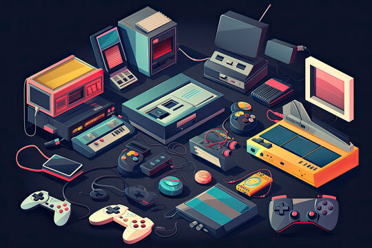 A big retro set of the 90s, 80s. Guy dancing and games, cassette, arkanoid