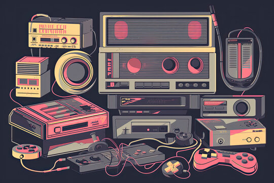 A big retro set of the 90s, 80s. Guy dancing and games, cassette, arkanoid