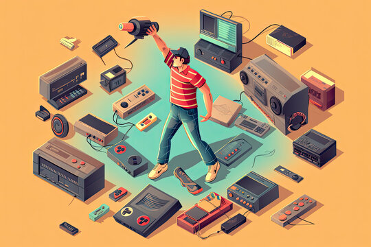 A big retro set of the 90s, 80s. Guy dancing and games, cassette, arkanoid