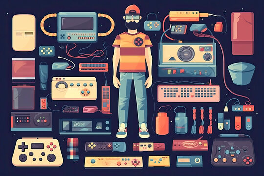 A big retro set of the 90s, 80s. Guy dancing and games, cassette, arkanoid