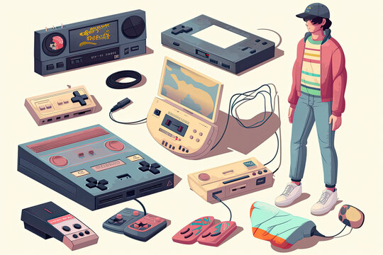 A big retro set of the 90s, 80s. Guy dancing and games, cassette, arkanoid