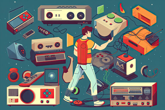 A big retro set of the 90s, 80s. Guy dancing and games, cassette, arkanoid