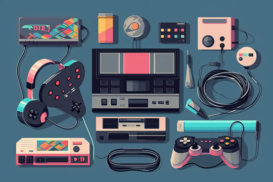 A big retro set of the 90s, 80s. Guy dancing and games, cassette, arkanoid