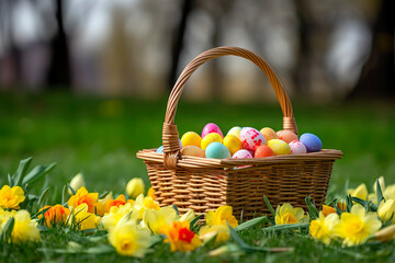 Wicker basket filled with colorful Easter eggs placed on a green grassy lawn. The Beauty of Easter...