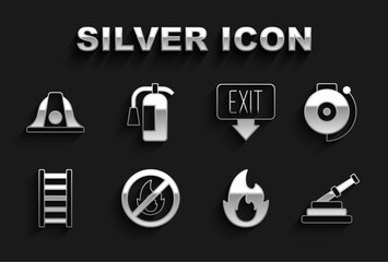 Set No fire, Ringing alarm bell, Fire hose reel, flame, escape, exit, Firefighter helmet and extinguisher icon. Vector