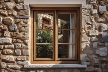 Fototapeta na wymiar vintage window with a wooden frame in a brick building. Generative AI