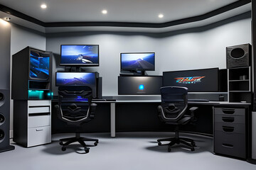 Room for gaming, a desk with computer equipment and a gaming chair for entertainment and pleasure, Generative AI