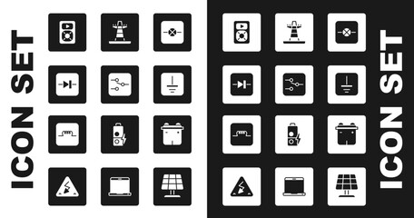 Set Lamp in electronic circuit, Switch, Diode, Music player, Electrical symbol ground, tower line, Car battery and Inductor icon. Vector - obrazy, fototapety, plakaty
