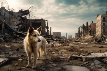 Dog alone in a destroyed City, Polluted City - obrazy, fototapety, plakaty