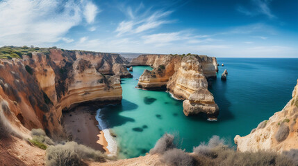 The dramatic rock formations and hidden coves of Algarve, Portugal, with turquoise waters and golden cliffs.